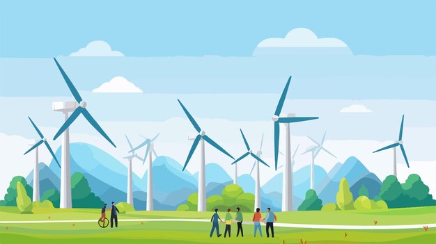 Vector a painting of people standing in front of a wind farm with wind turbines in the background