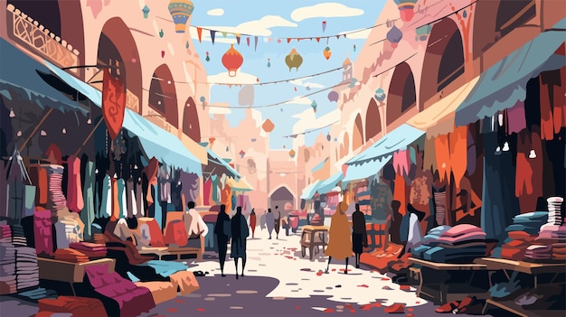 Vector a painting of people walking in a market with a banner that says  the holy city