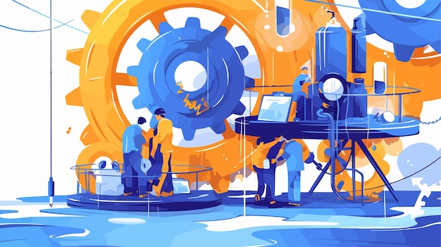 a painting of people working on a large machine