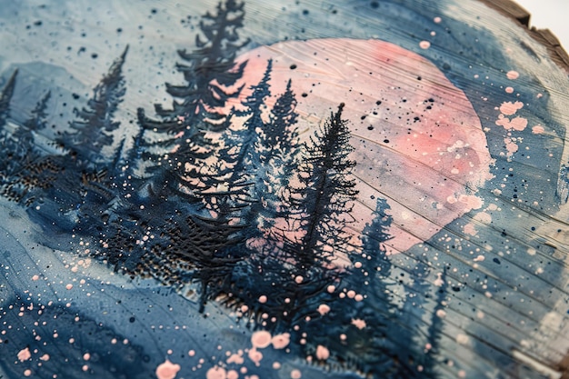 Painting of pine trees in watercolors on a wood plank in the style of dark skyblue and pink circular