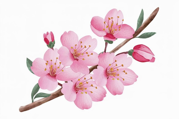 a painting of pink flowers with green leaves and a white background