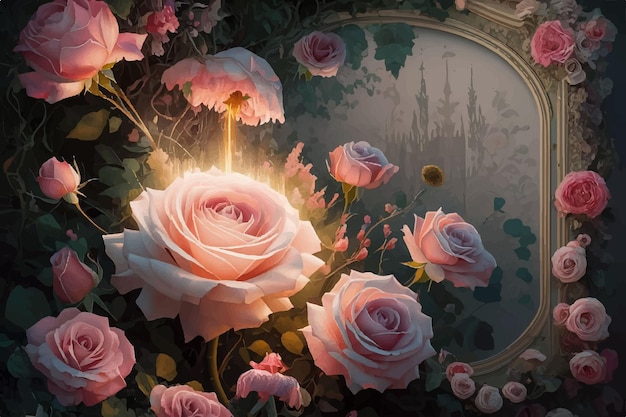 a painting of pink roses with a gold frame