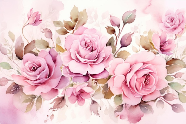 a painting of pink roses with leaves and leaves