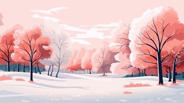 Vector a painting of pink trees in a snowy landscape