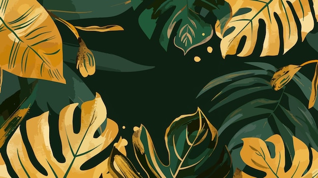 a painting of a plant with a green background with a gold leaf