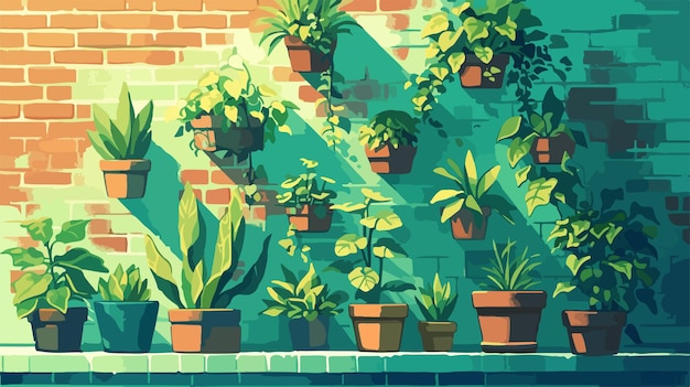 a painting of plants on a brick wall