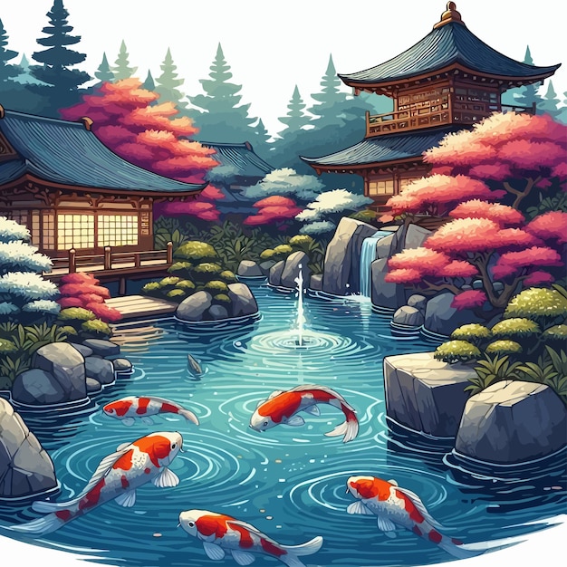 a painting of a pond with koi fish and a bridge in the background