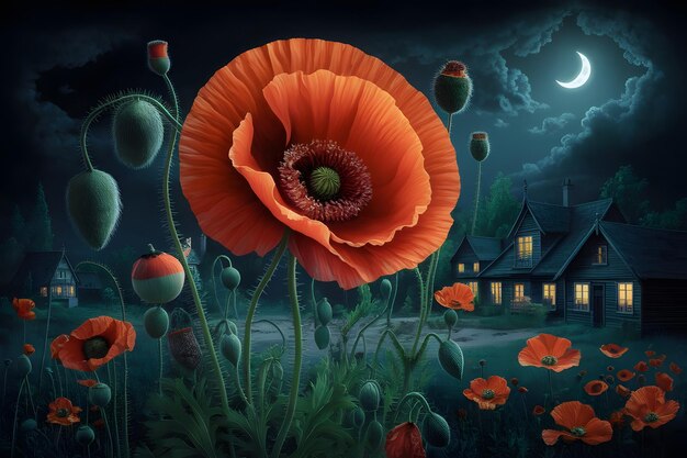 Vector a painting of poppies with a moon in the background