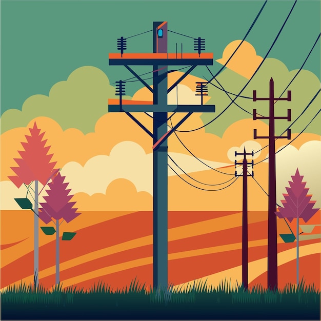 Vector a painting of a power pole with power lines and trees in the background