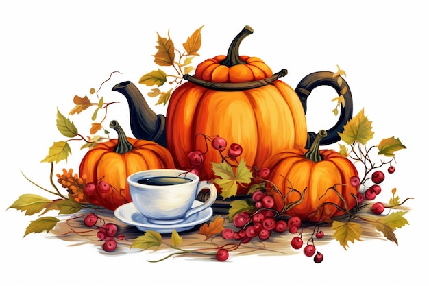 a painting of pumpkins and a cup of coffee