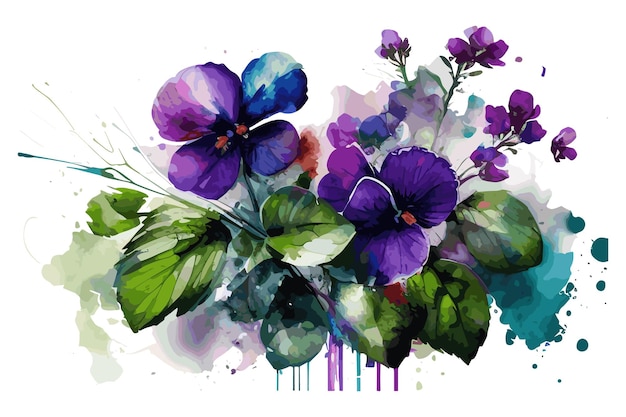 A painting of purple flowers with green leaves.