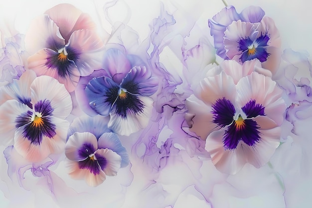 A painting of purple pink and white pansies in the style of airbrush art majestic romanticism debbie