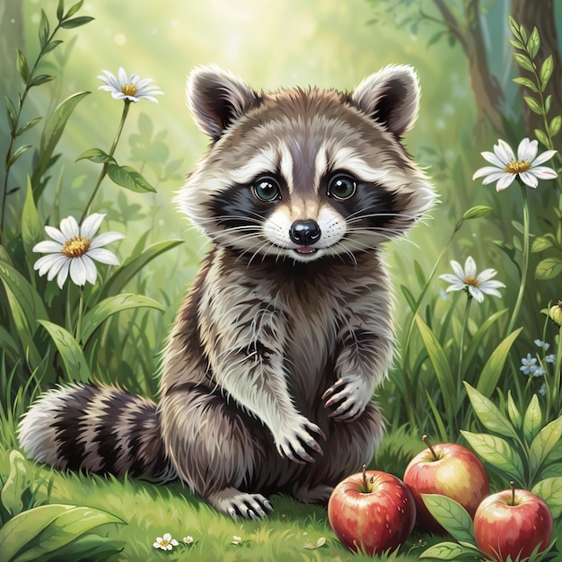 a painting of a raccoon sitting in the grass with flowers and apples