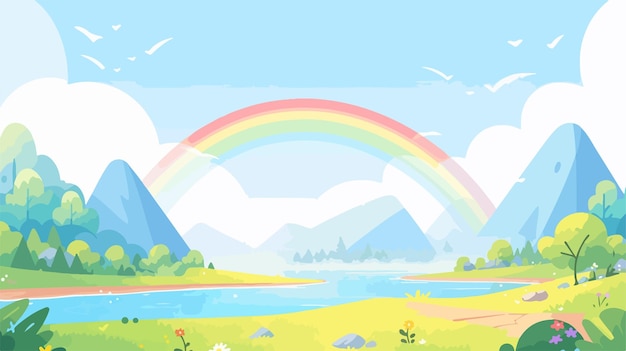 a painting of a rainbow with mountains and a river