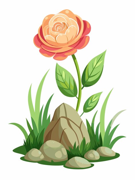 Vector a painting of a ranunculus flowers with a rock in the grass