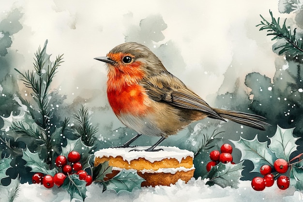 a painting of a red bird and a cake with a snow covered tree in the background