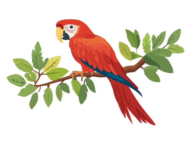 Vector a painting of a red parrot on a branch with leaves