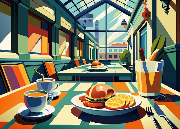 Vector a painting of a restaurant with a sandwich and a cup of coffee