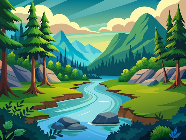 a painting of a river and mountains with a river in the background