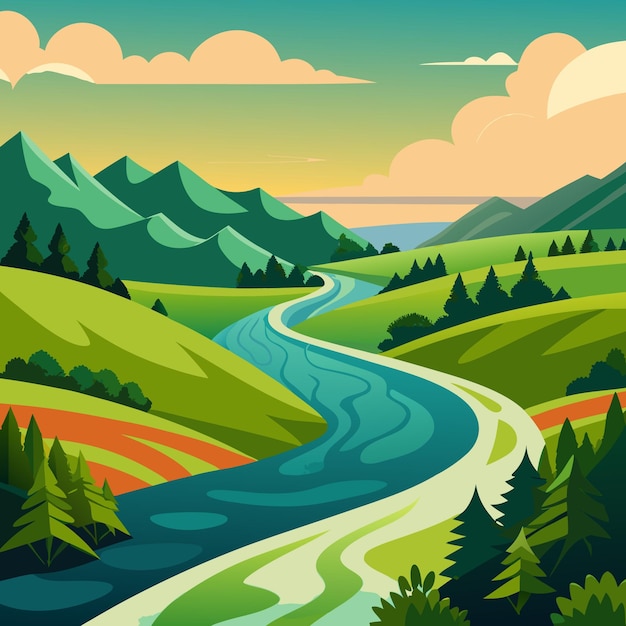 Vector a painting of a river running through a valley with mountains and trees