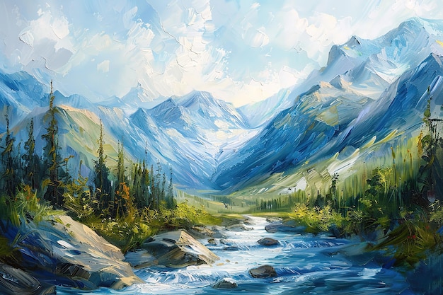 Vector a painting of a river with a mountain in the background