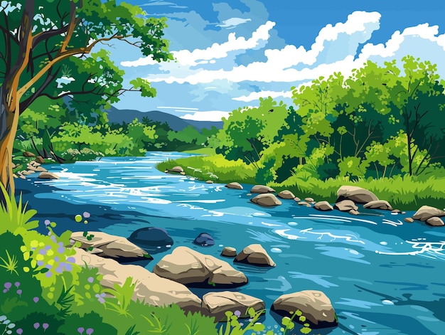 a painting of a river with rocks and trees