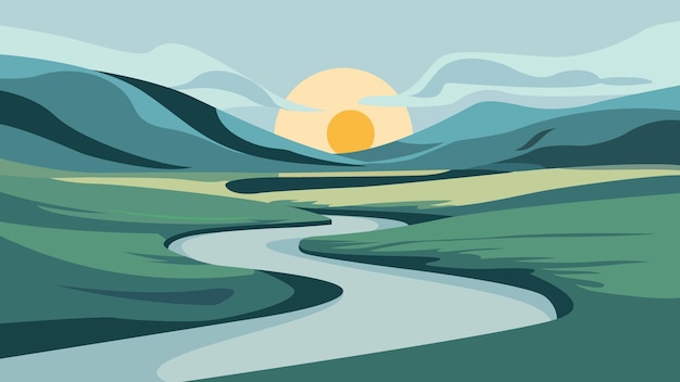 Vector a painting of a river with a sunset in the background