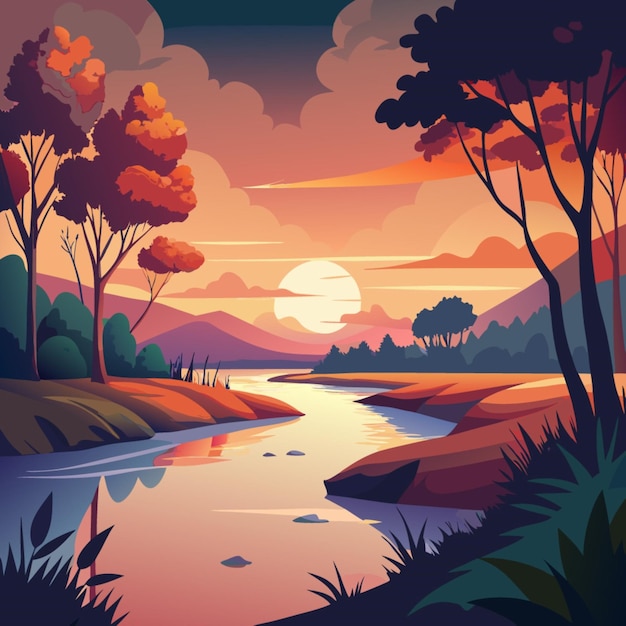 a painting of a river with trees and a sunset in the background