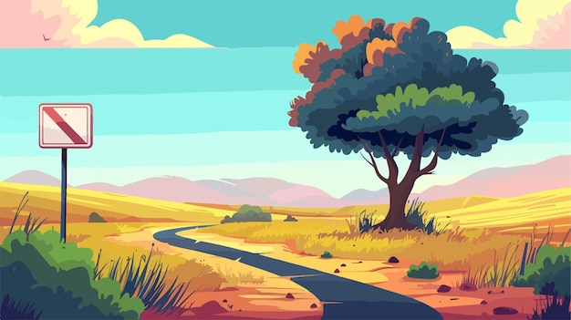 Vector a painting of a road in the desert with a tree and mountains in the background