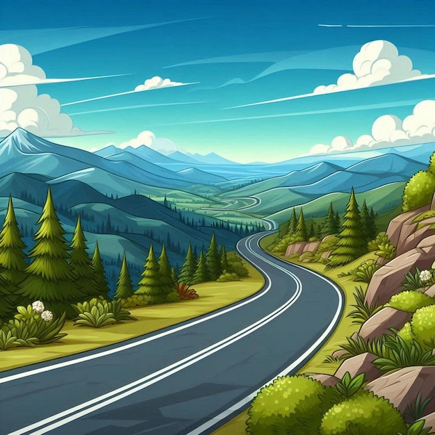 Vector a painting of a road with a mountain in the background