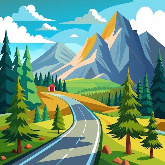 Vector a painting of a road with a mountain in the background