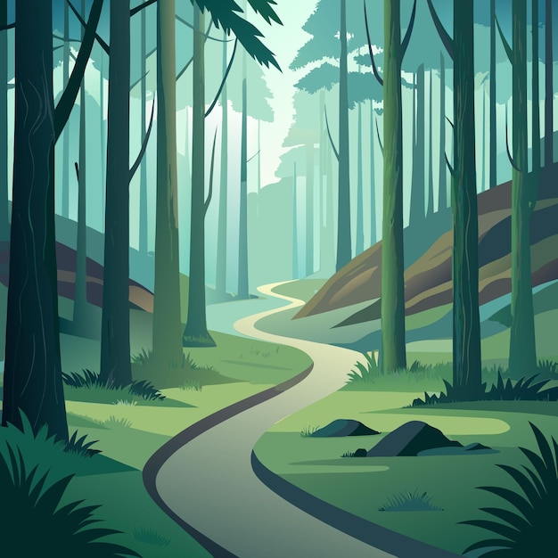 Vector a painting of a road with a road in the woods