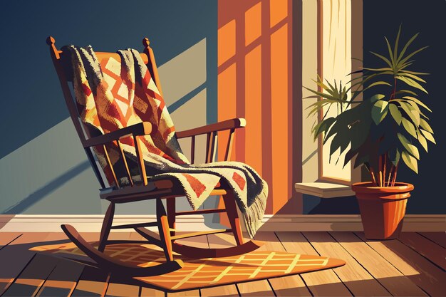 Vector a painting of a rocking chair in a room with a plant in the corner