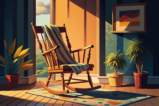 Vector a painting of a rocking chair with a plant in the background