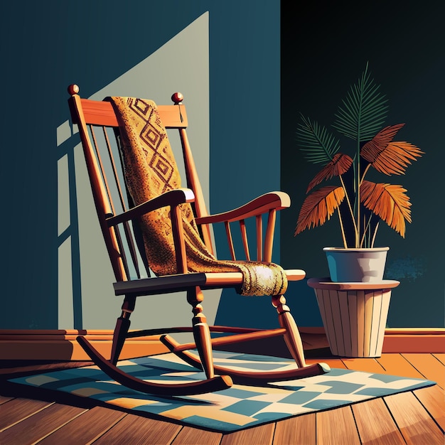 a painting of a rocking chair with a rug on the floor and a potted plant in the corner