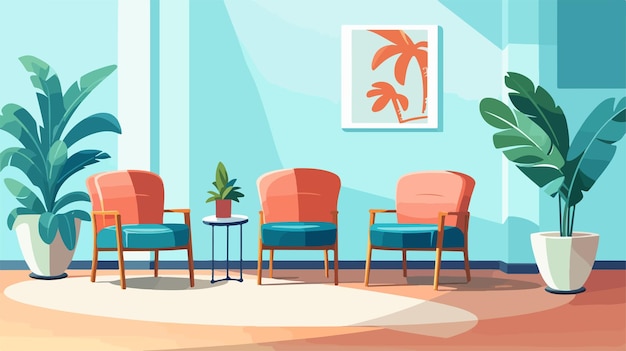 a painting of a room with chairs and a picture of a plant on the wall