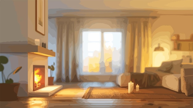 Vector a painting of a room with a fireplace and a window with the sun shining through it