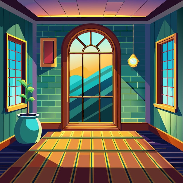 Vector a painting of a room with a window and a door with a view of the ocean