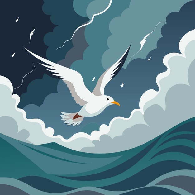 Vector a painting of a seagull flying over the ocean with a wave in the background