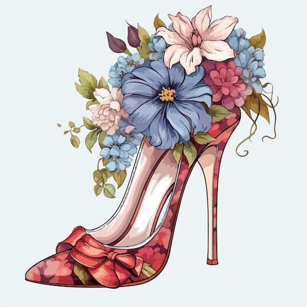 a painting of a shoe with flowers and leaves and flowers