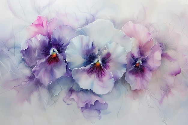 A painting showing purple and white pansies in the style of airbrush art light cyan and pink debbie