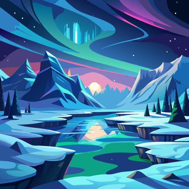 Vector a painting of a snowy landscape with a river and mountains in the background