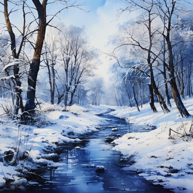 a painting of a stream with snow on the ground and trees in the background