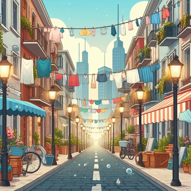 a painting of a street with clothes on it