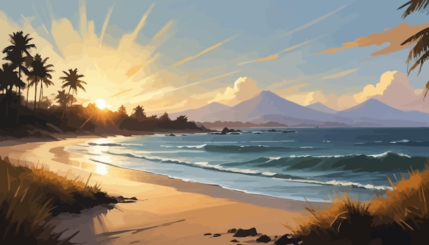 a painting of a sunset on a beach with a mountain in the background