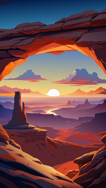 a painting of a sunset over a rocky landscape