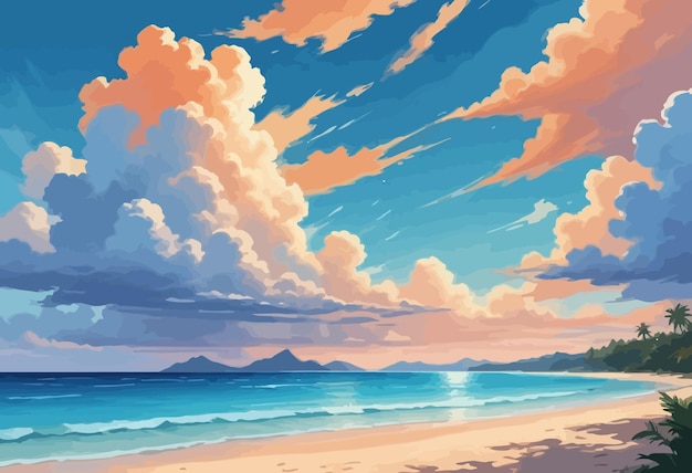 Vector a painting of a sunset with a beach and mountains in the background