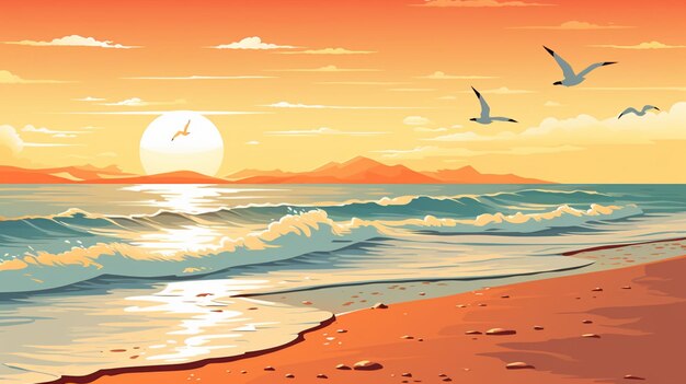 Vector a painting of a sunset with a bird flying over the ocean