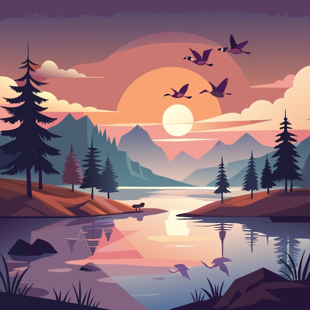 a painting of a sunset with birds flying over a lake