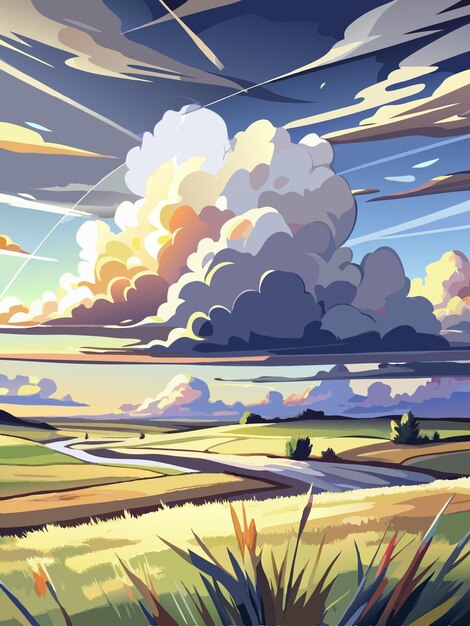 Vector a painting of a sunset with clouds and a field with a sunset in the background